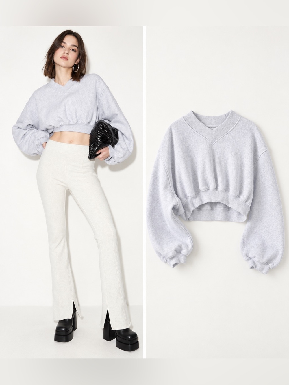 Alexander Wang Gathered Cropped V-Neck Sweatshirt Gray S like new!